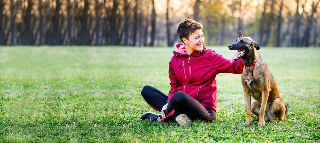 malinois assit qui se fait carreser par une femme assise dans l'herbe