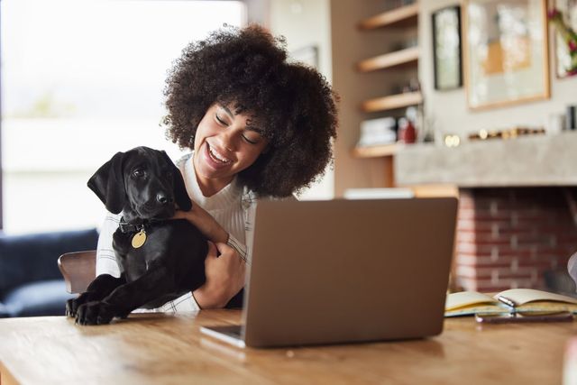 Fille tenant un chien dans ses bras devant un ordinateur portable.