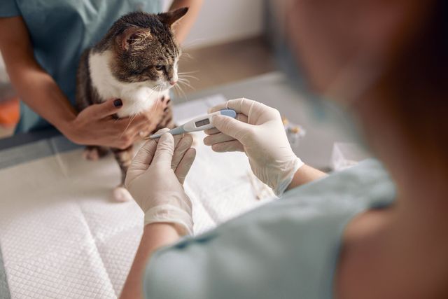 Un vétérinaire prend la température d’un chat pour voir s’il a de la fièvre.
