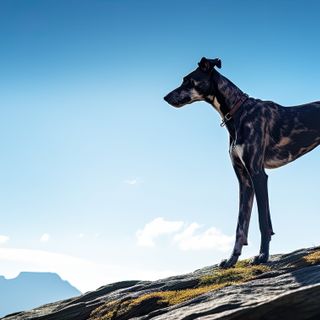 Lévrier Espagnol debout sur une montagne avec vue.