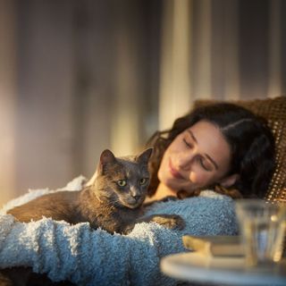 Femme semi allongée qui caresse son chat gris