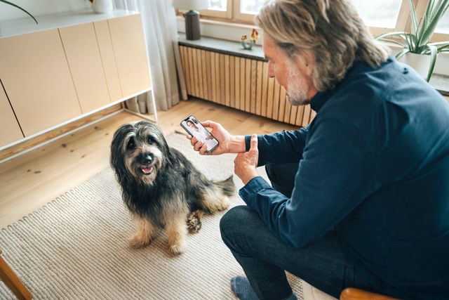 homme vieux sur son téléphone avec son chien