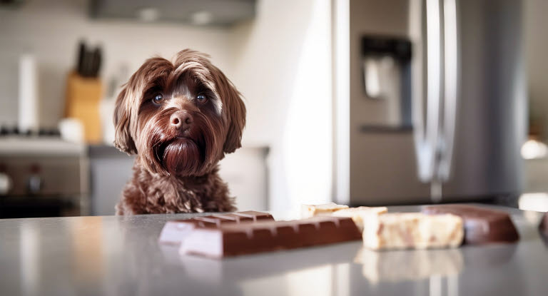 Chien assit devant une table avec des tablettes de chocolats