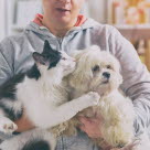 Un chat et un chien dans les bras de leur maîtresse