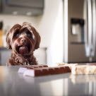 Chien assit devant une table avec des tablettes de chocolats