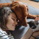 Femme qui caresse  un chaton dans ses mains avec un chien à côté d'elle